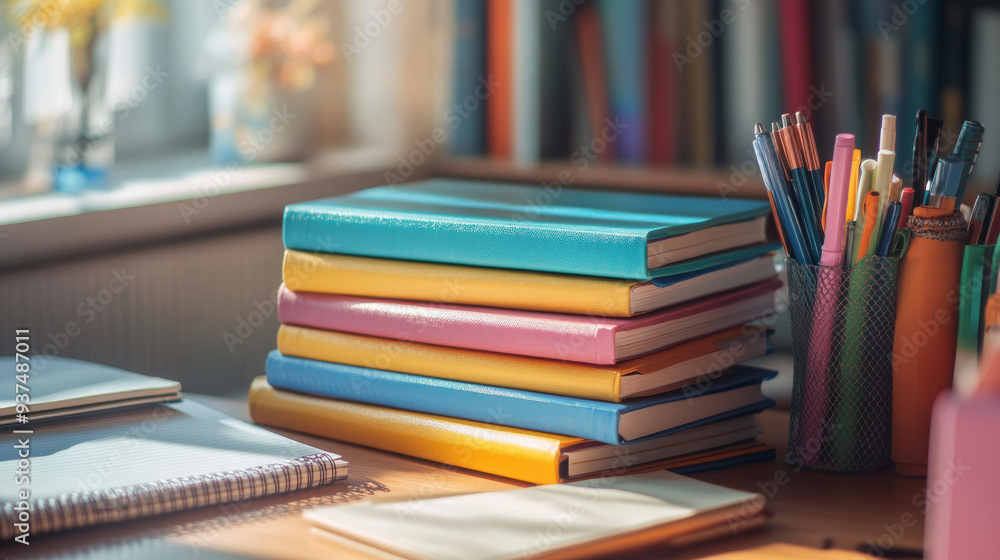 A colorful stack of new textbooks, notebooks, and stationery neatly arranged on a desk, ready for the school. A colorful stack of new textbooks, notebooks, and stationery neatly arranged on a desk, ready for the school.