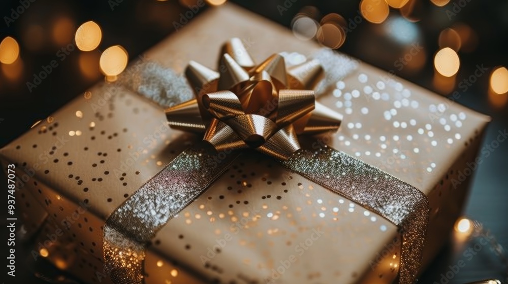 A beautifully wrapped gift with a golden bow sitting on a dark surface surrounded by glowing lights, perfect for holiday celebrations or special occasions during winter evenings A beautifully wrapped gift with a golden bow sitting on a dark surface surrounded by glowing lights, perfect for holiday celebrations or special occasions during winter evenings