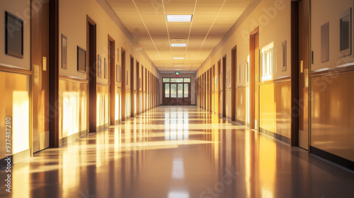 A long hallway lined with classroom doors, soft lighting, and a polished floor.