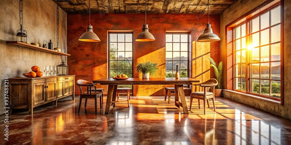 Rustic earthy tones juxtaposed cadmium orange warm light reflective surfaces Rustic earthy tones juxtaposed cadmium orange warm light reflective surfaces