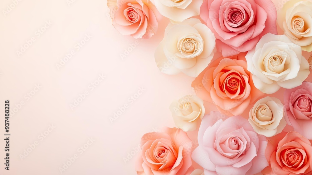 A beautiful arrangement of pastel roses on a soft background, perfect for conveying elegance and romance in any design. A beautiful arrangement of pastel roses on a soft background, perfect for conveying elegance and romance in any design.