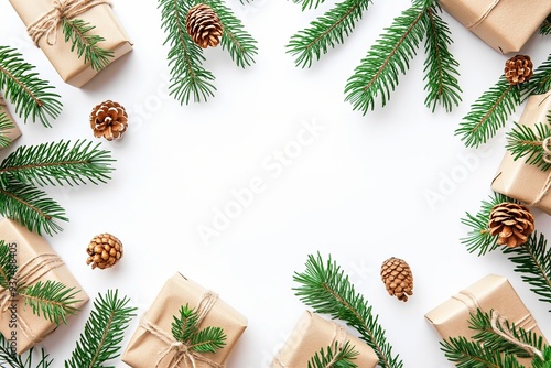 Christmas composition of Christmas gifts and fir branches 