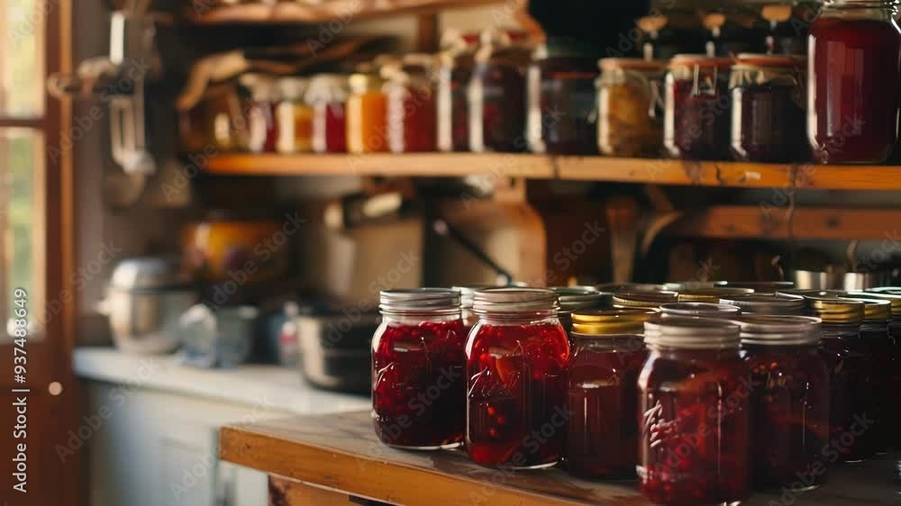 Glass jars filled with colorful homemade preserves are sitting on a rustic wooden countertop with more jars on a shelf in the background Glass jars filled with colorful homemade preserves are sitting on a rustic wooden countertop with more jars on a shelf in the background