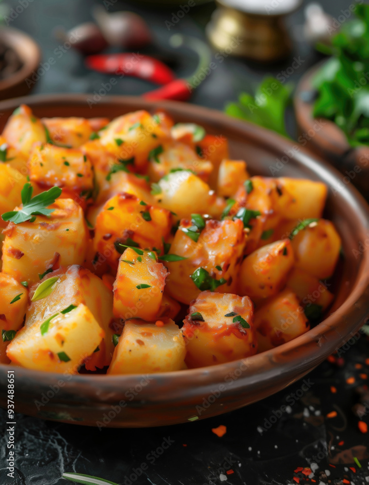 Rustic Patatas Bravas with Spicy Sauce, Close up on Black Plate Rustic Patatas Bravas with Spicy Sauce, Close up on Black Plate