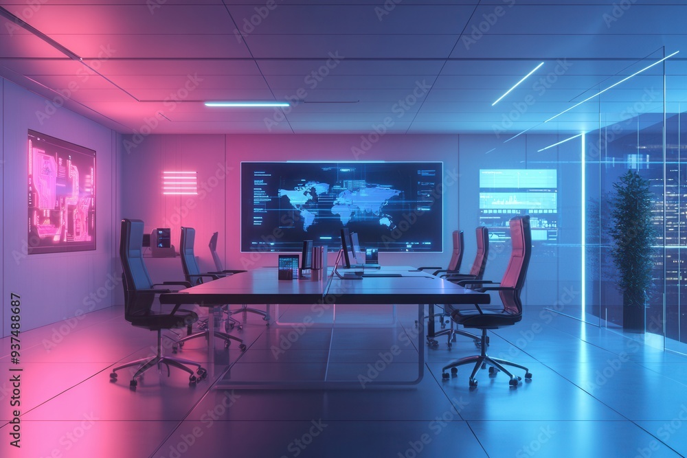 A Sleek, High-Tech Conference Room Illuminated with Neon Lights and Digital Displays A Sleek, High-Tech Conference Room Illuminated with Neon Lights and Digital Displays