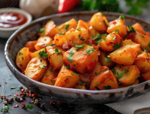 Close up photo of Patatas Bravas, a traditional Spanish tapas dish, garnished with fresh herbs