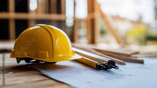 Close-up of a yellow hard hat, measuring tools, and blueprints on a construction site, emphasizing safety and planning.