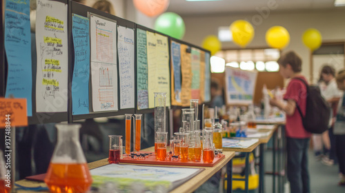 A school science fair setup with display boards, experiments, and students presenting their work.