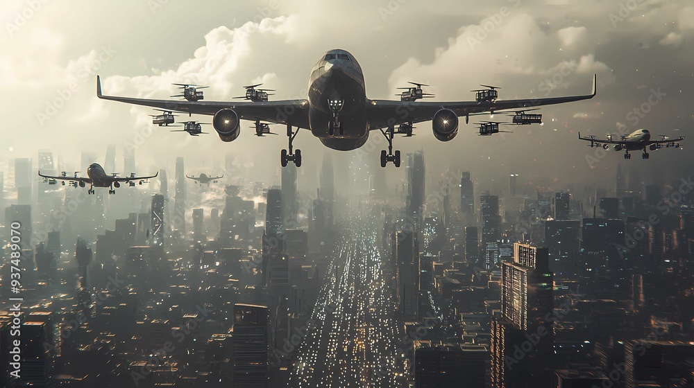 A dramatic aerial view of multiple airplanes flying over a bustling city skyline, showcasing urban life and aviation. A dramatic aerial view of multiple airplanes flying over a bustling city skyline, showcasing urban life and aviation.