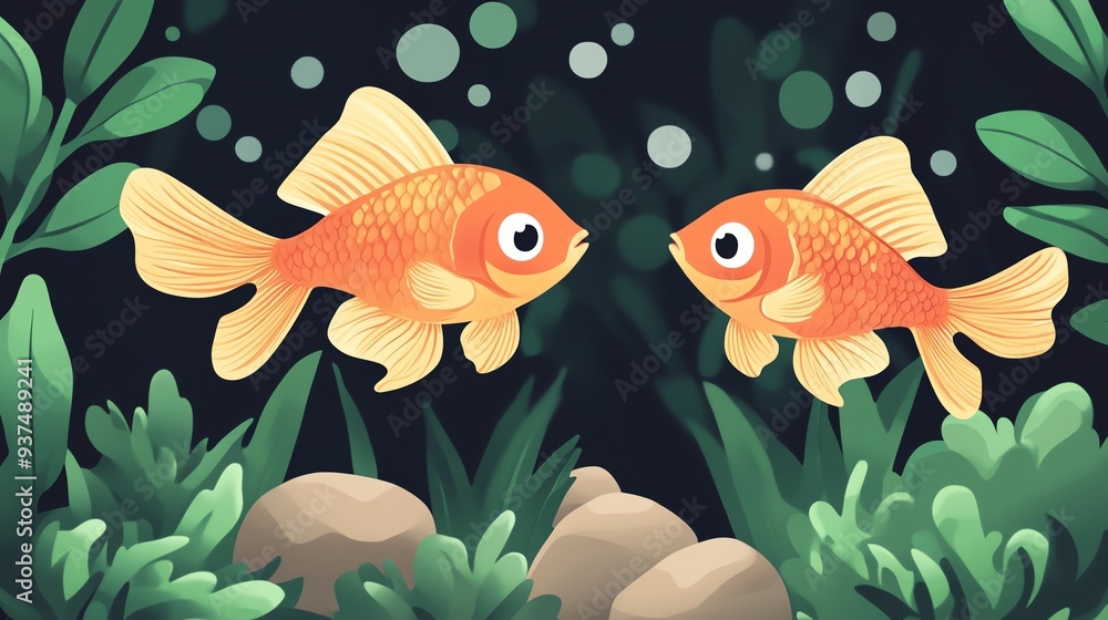 Fototapeta premium Goldfish, aquatic plants in background, flat design illustration