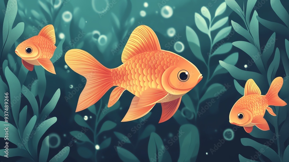Fototapeta premium Goldfish, aquatic plants in background, flat design illustration