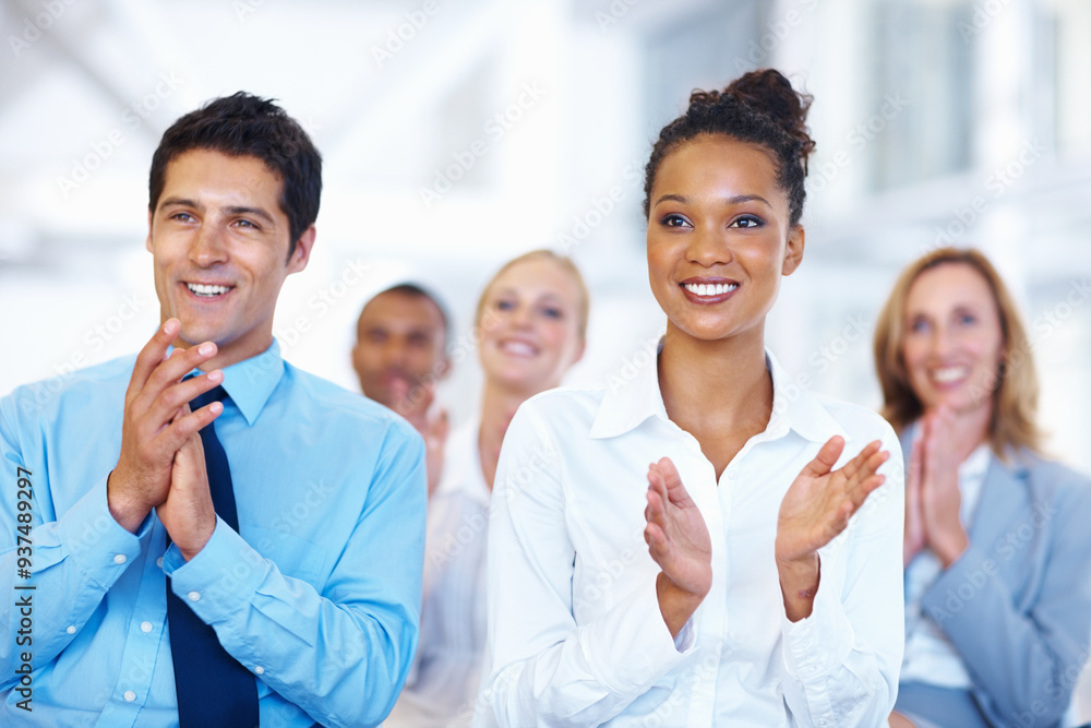 Business people, applause and celebration in office for presentation, seminar and corporate training. Staff meeting, diversity and achievement in workplace for company development, profit and target Business people, applause and celebration in office for presentation, seminar and corporate training. Staff meeting, diversity and achievement in workplace for company development, profit and target