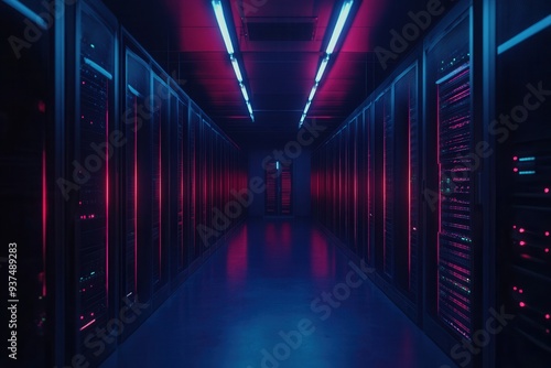 Exploring the Depths of a Neon-Illuminated Data Center: Technology Meets Aesthetic Beauty