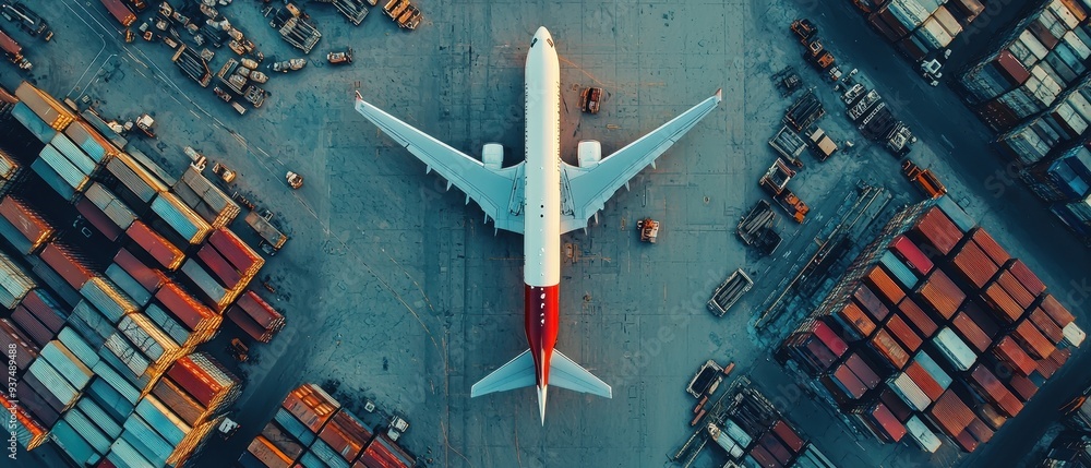 Aerial View of Cargo Ships and an Airplane in an Industrial Port Aerial View of Cargo Ships and an Airplane in an Industrial Port