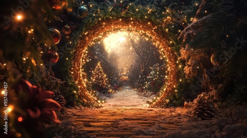 A magical portal opening to a Christmas world filled with wonders, fantasy, Christmas, joyful moment photo