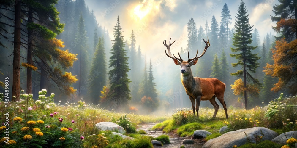 Majestic buck deer stands still in misty forest glade, towering firs and moss-covered rocks surrounding it, wildflowers swaying gently in breeze, fog rolling in. Majestic buck deer stands still in misty forest glade, towering firs and moss-covered rocks surrounding it, wildflowers swaying gently in breeze, fog rolling in.