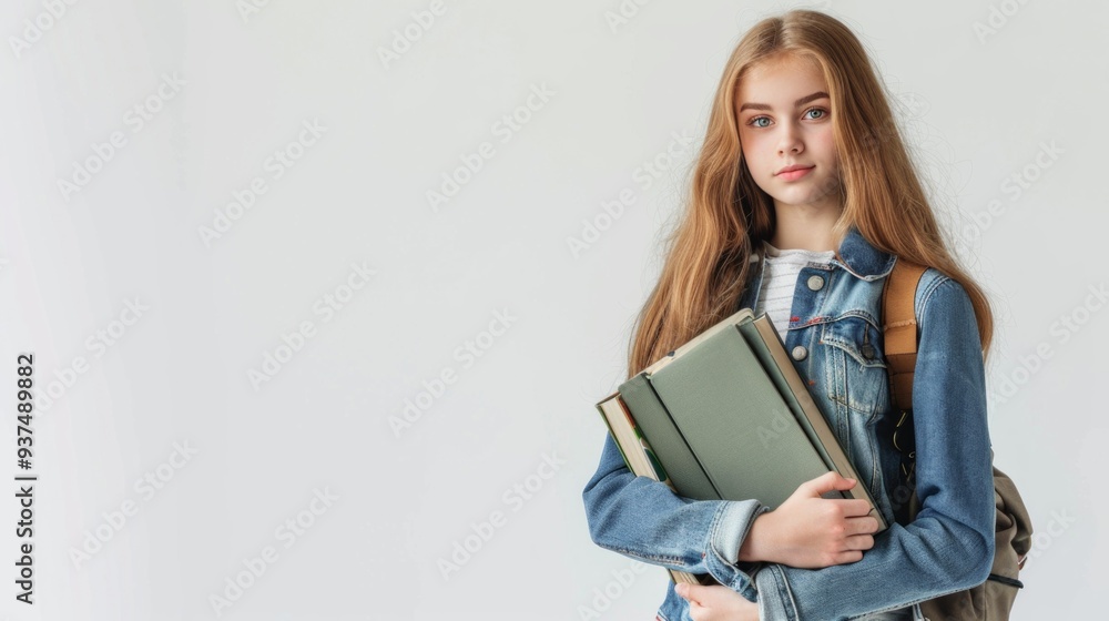 A school girl with textbooks in hands on white background A school girl with textbooks in hands on white background