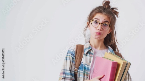 A school girl with textbooks in hands on white background