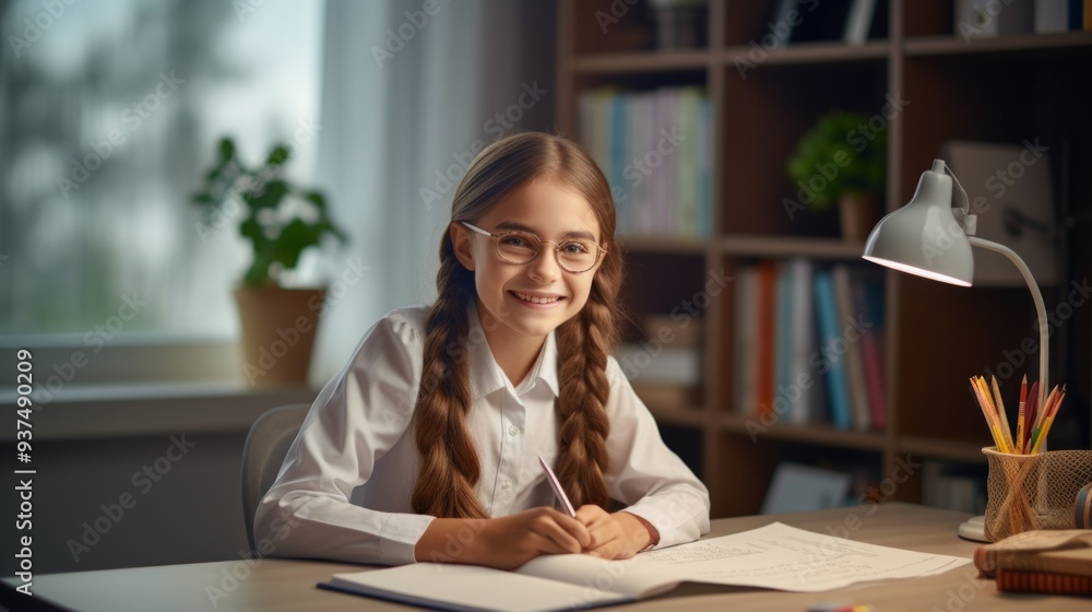 Smiling school girl doing homework at home Smiling school girl doing homework at home