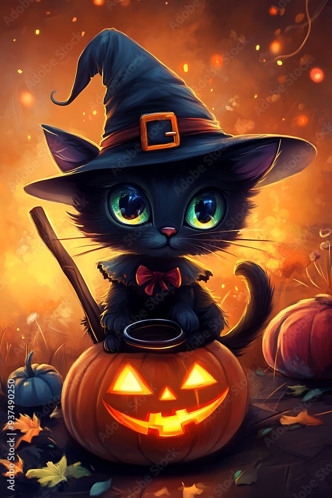 black cat in witch hat with pumpkin lantern and broom, magical happy Halloween wallpaper, mystical fantasy digital art concept, holiday pet illustration black cat in witch hat with pumpkin lantern and broom, magical happy Halloween wallpaper, mystical fantasy digital art concept, holiday pet illustration
