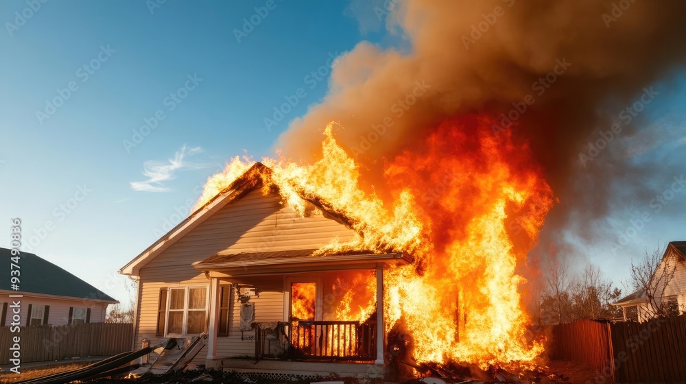 A dramatic scene of a house engulfed in flames, showcasing intense fire and smoke against a clear blue sky. A dramatic scene of a house engulfed in flames, showcasing intense fire and smoke against a clear blue sky.