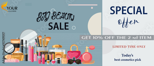 cosmetics sale. Beauty banner template.Big beauty sale cosmetics banner for shopping vector image.Sale promotion vector poster for makeup online store. Special offer text block.