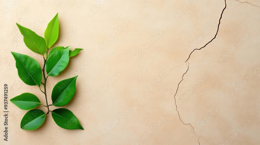 A fresh green leaf branch on a textured beige background with a subtle crack, symbolizing nature's resilience and beauty. A fresh green leaf branch on a textured beige background with a subtle crack, symbolizing nature's resilience and beauty.