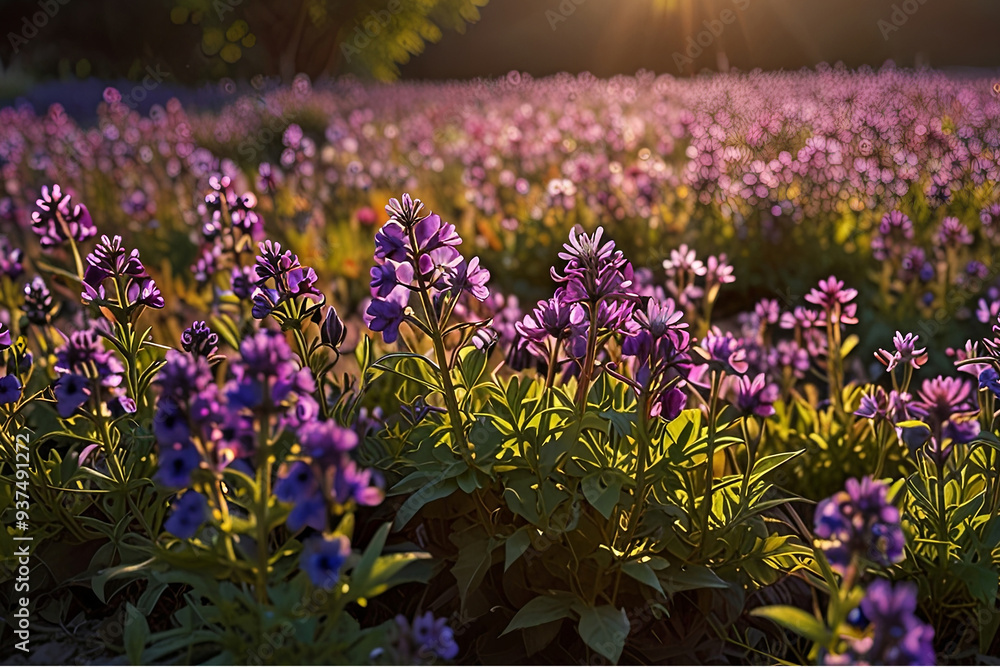 Fototapeta premium Vibrant Field of Purple Flowers Basking in the Glow of a Bright Sun Capturing the Beauty of Nature’s Bloom