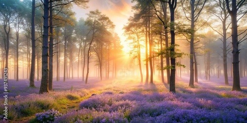 Ethereal Periwinkle Misty Forest Foggy Morning Soft Focus Dreamy Whimsical Fantasy Nature Landscape Warm Pastel Hues Calm Atmosphere