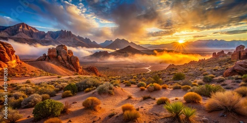 nevada grandeur vast desert landscapes warm golden hour light dusty terrain rugged cowboy culture abandoned mineshaft mysteries eerie dawn fog valley of fire photo