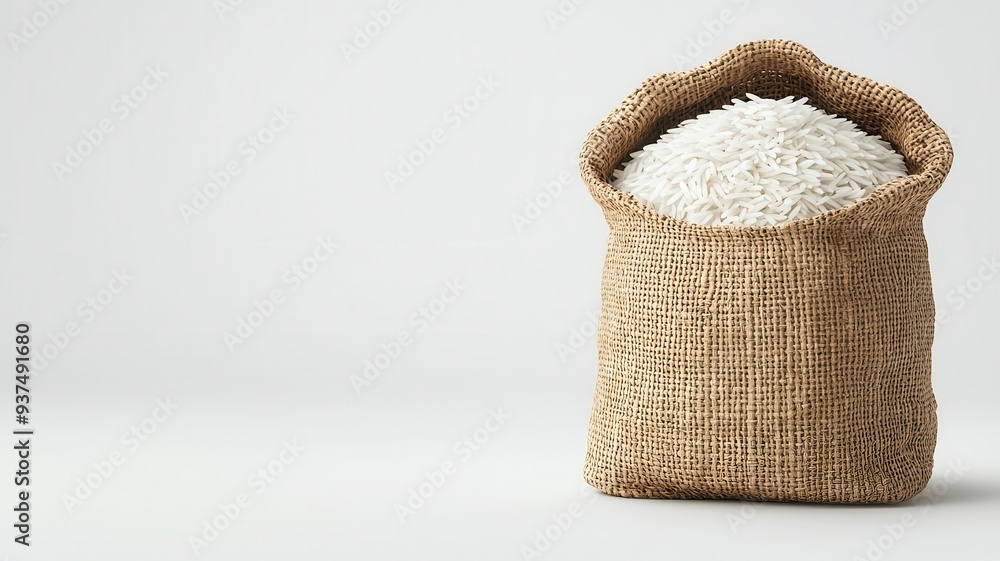 Fresh organic rice grains in a small sack, detailed texture, vibrant white, 3D illustration Fresh organic rice grains in a small sack, detailed texture, vibrant white, 3D illustration