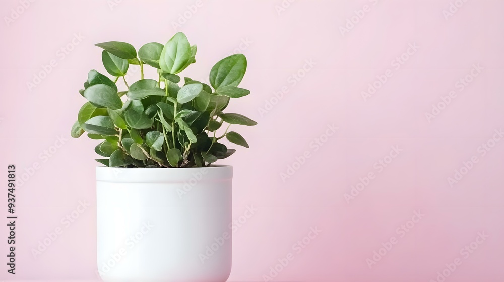 Fototapeta premium Green Plant in White Pot on Pink Background