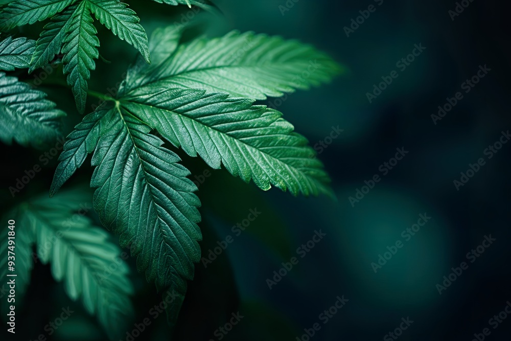 Close-up of green cannabis leaves with a dark background. Close-up of green cannabis leaves with a dark background.