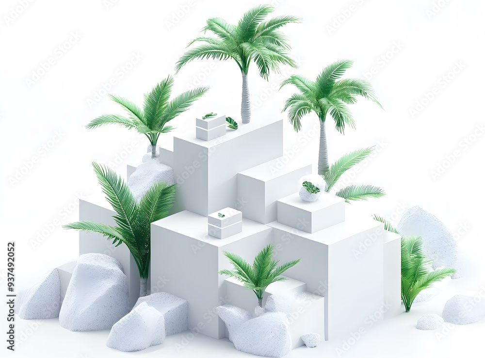 Fototapeta premium Minimalist 3D Render of Palm Trees and White Cubes on a White Background
