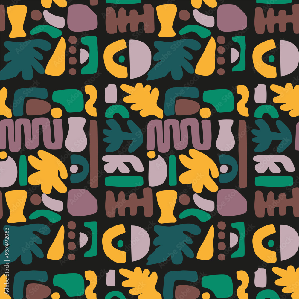 Fototapeta premium Seamless hand drawn colorful geometric pattern on black background for kids. School concept