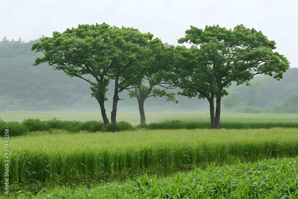 Obraz premium Green Trees in a Field on a Foggy Day
