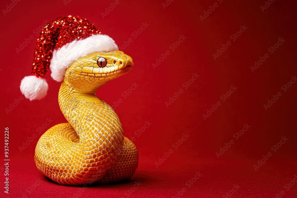 Fototapeta premium A yellow snake wearing a Santa hat