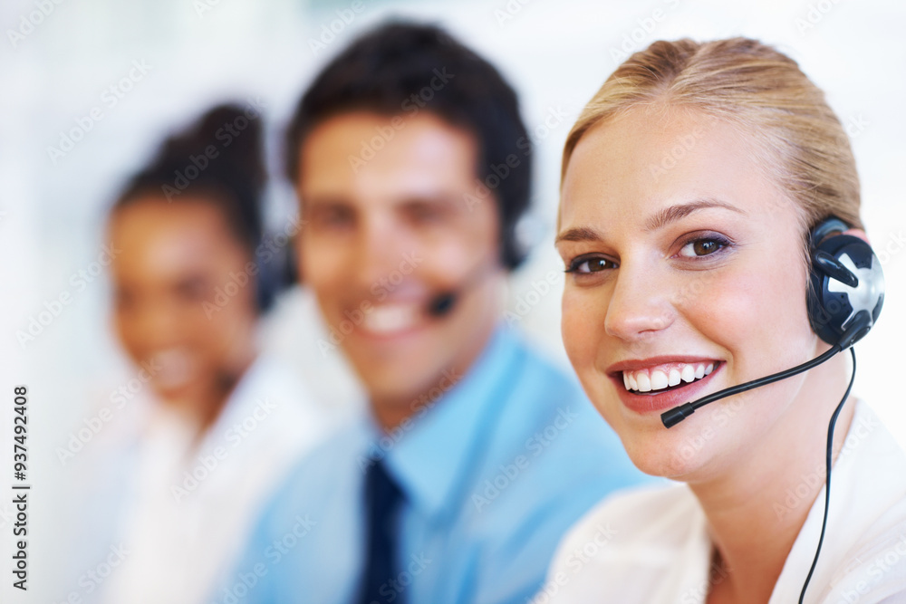 Portrait, business people and woman in call center, telemarketing and customer service in office. Face, group and employees for insurance agency, headphones and tech support with help desk or smile Portrait, business people and woman in call center, telemarketing and customer service in office. Face, group and employees for insurance agency, headphones and tech support with help desk or smile