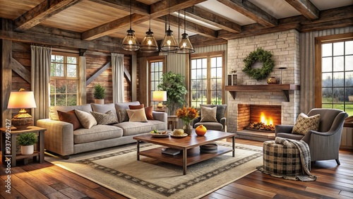 Rustic Farmhouse Cozy: Warm, weathered, natural, muted colors, cozy