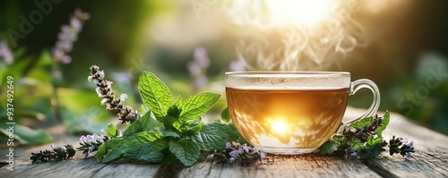 Warm cup of peppermint tea with fresh leaves, set on a natural wood table with a calming background, herbal drink, relaxing and cooling