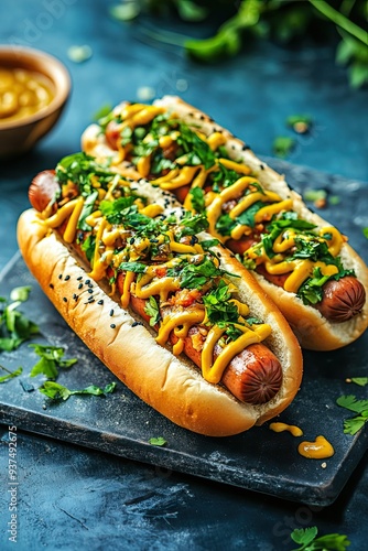 Hot Dog with Mustard Cian Blue Background High Resolution