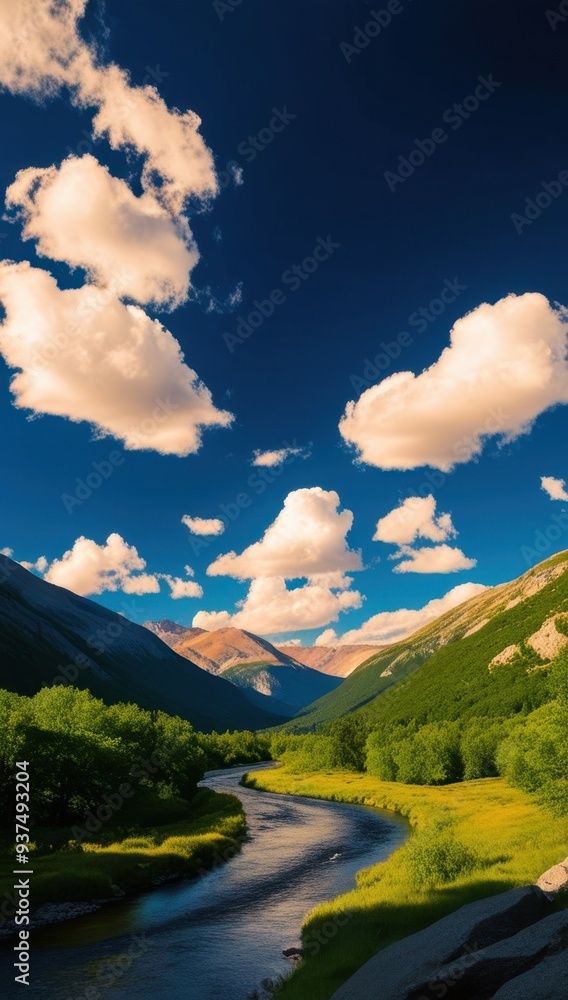 Obraz premium A serene landscape featuring a winding river, lush greenery, and dramatic clouds above mountains.