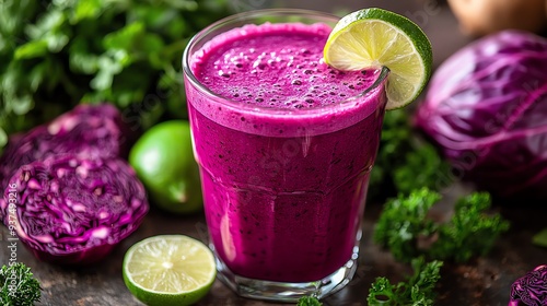 A glass of detox juice with red cabbage, apple, and lime, surrounded by fresh produce in a natural garden setting, detox cleanse, colorful and cleansing photo