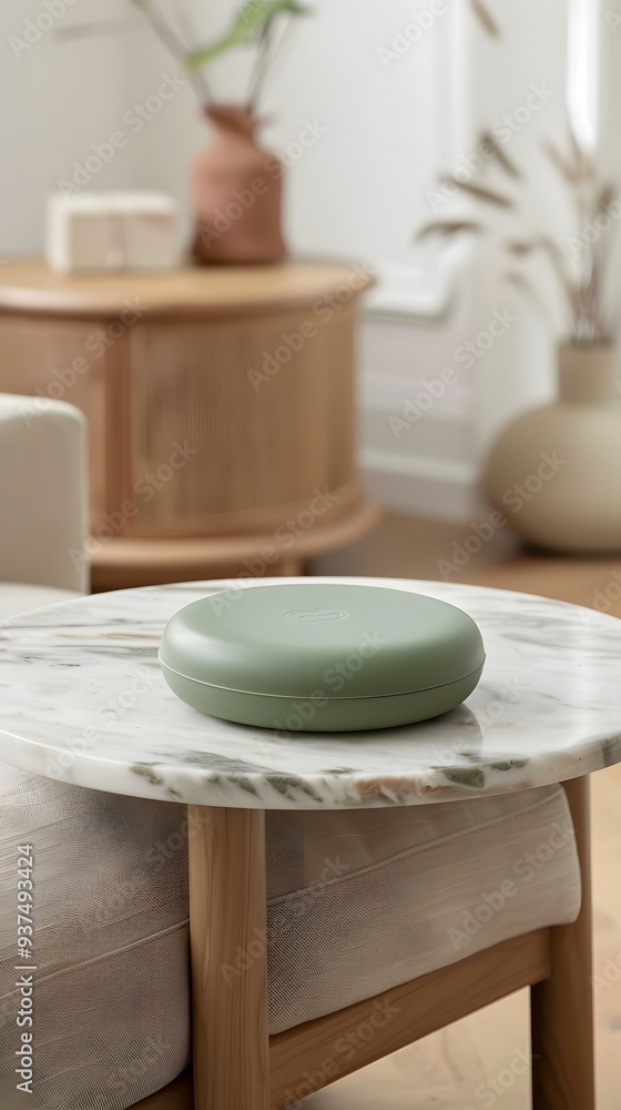 Green Round Box on Marble Table in Minimalist Home Interior Green Round Box on Marble Table in Minimalist Home Interior