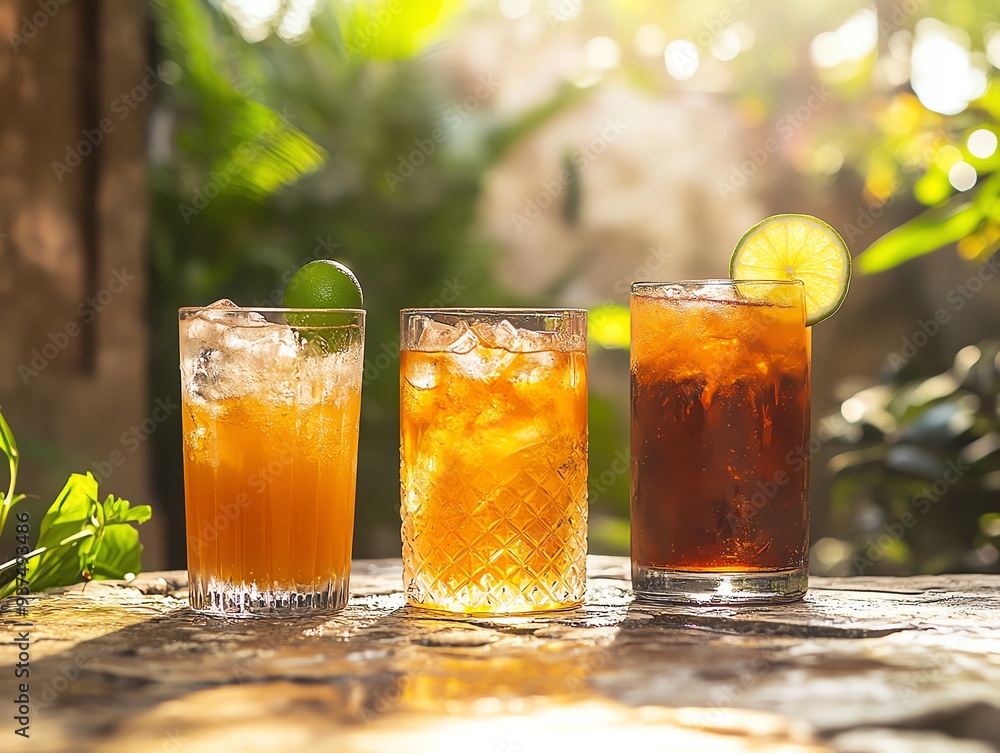 A refreshing trio carrot juice, cola with ice, and mineral water with a slice of lime, set on a stone patio, juice soda water, earthy and fresh A refreshing trio carrot juice, cola with ice, and mineral water with a slice of lime, set on a stone patio, juice soda water, earthy and fresh