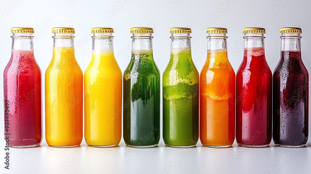 A row of colorful detox juices in glass bottles, each labeled with different natural ingredients, set on a clean white surface, juice cleanse, vibrant and healthy A row of colorful detox juices in glass bottles, each labeled with different natural ingredients, set on a clean white surface, juice cleanse, vibrant and healthy