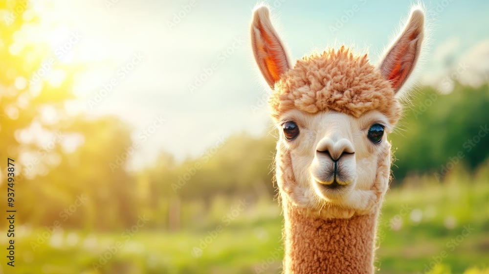 Obraz premium An alpaca with a big brown nose and big brown ears. It is looking at the camera