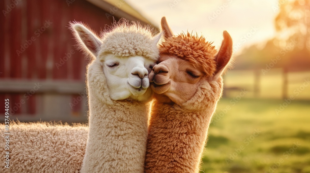 Obraz premium Two alpaca are standing next to each other, one of which is brown and the other is white