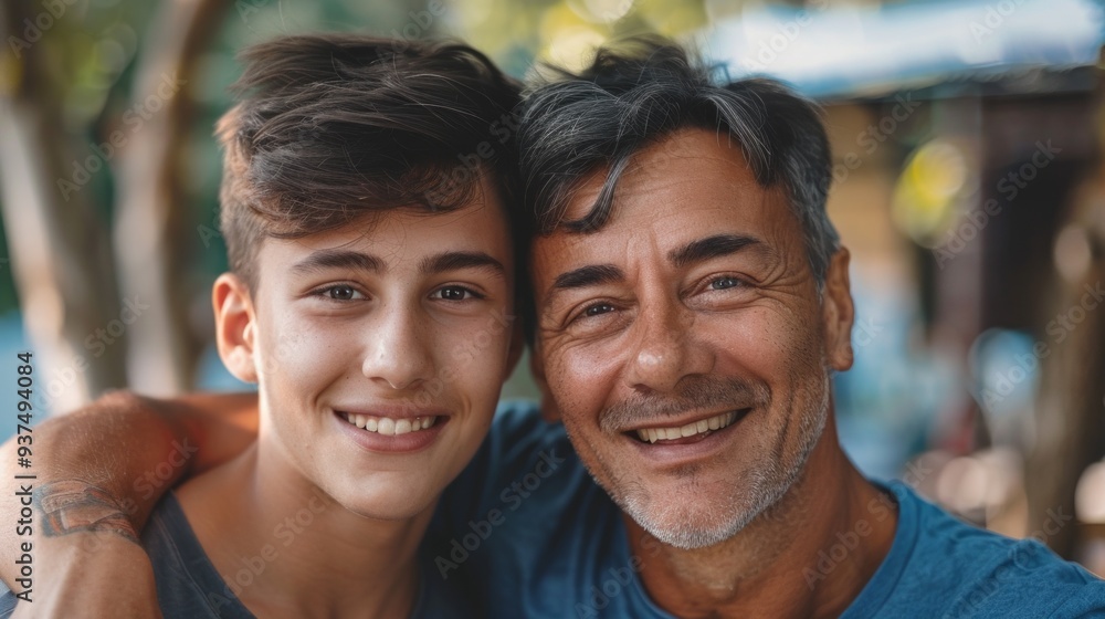 Two generations embrace with bright smiles, enjoying each other's company in a beautiful outdoor setting, capturing the essence of family joy and love Two generations embrace with bright smiles, enjoying each other's company in a beautiful outdoor setting, capturing the essence of family joy and love