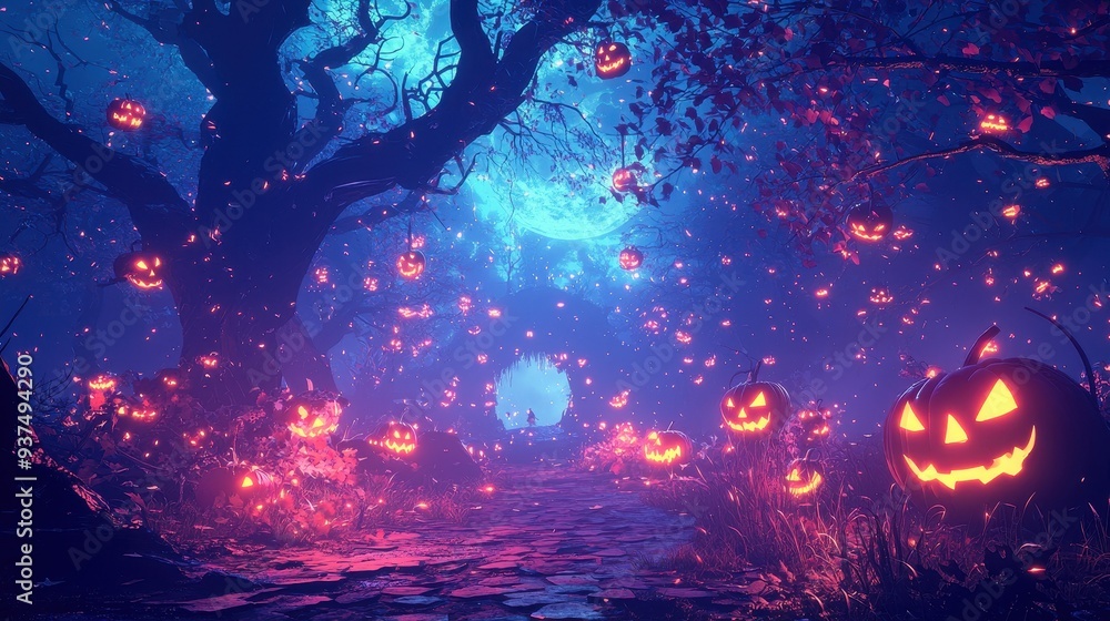 Enchanted Halloween Forest with Glowing Pumpkins Enchanted Halloween Forest with Glowing Pumpkins